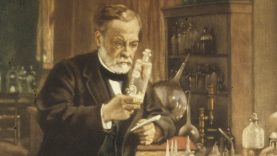 Louis Pasteur in his laboratory, holding a jar containing the spinal cord of a rabbit infected with rabies, which he used to develop a vaccine against the disease. Science History Institute/Gregory Tobias