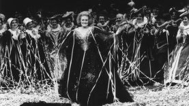 Dame Joan Sutherland covered in streamers after her last performance at the Sydney Opera House.
